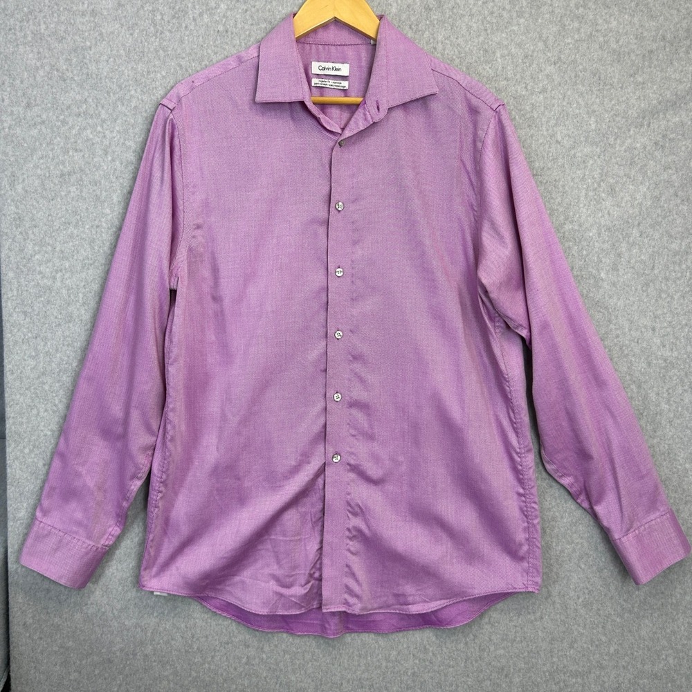 Calvin Klein Dress Shirt Purple Non-Iron Regular Fit Cotton Spring Mens 16 34/35